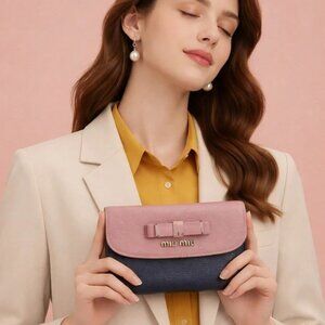 Miu Miu Women Wallet Trifold Wristlet Clutch Purse Cardholder Black/Pink Leather